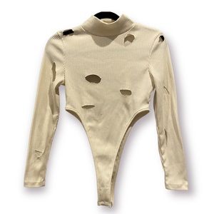 NASTY GAL Ribbed High Cut Ripped Bodysuit Turtleneck Size 4
